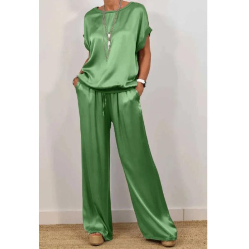 Ležérní saténová souprava na doma s kulatým výstřihem a širokými kalhotami pro jaro/léto