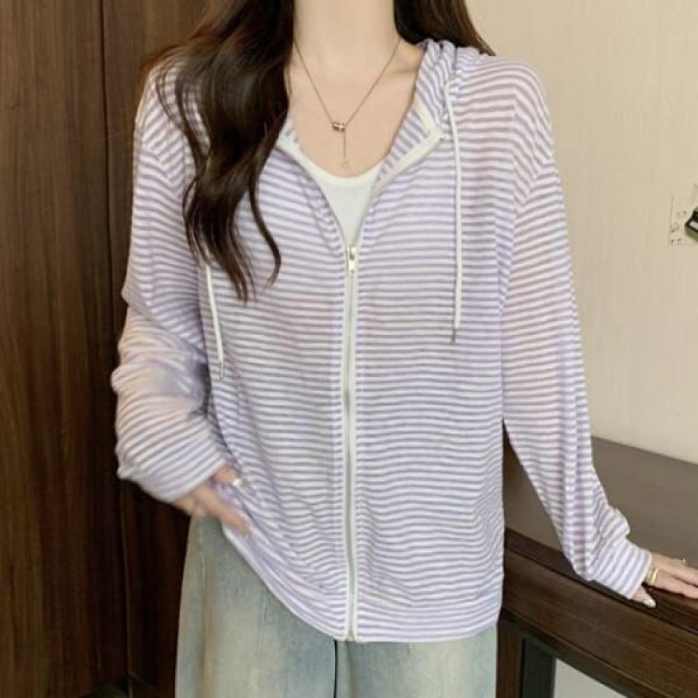 Navava Women Thin Striped Long Sleeve Hoodie Zip Up Nc384
