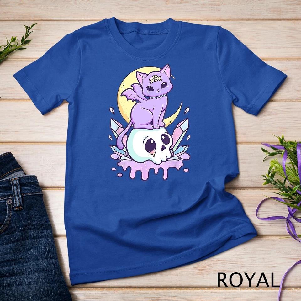 Kawaii Pastel Goth Cute Creepy Witchy Cat and Skull Anime Unisex T-shirt 8 L