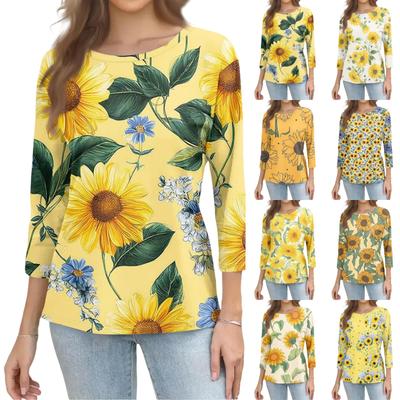 Women's Fashion Casual Round Neck 3/4 Sleeve Loose Printed T-Shirt Ladies Top
