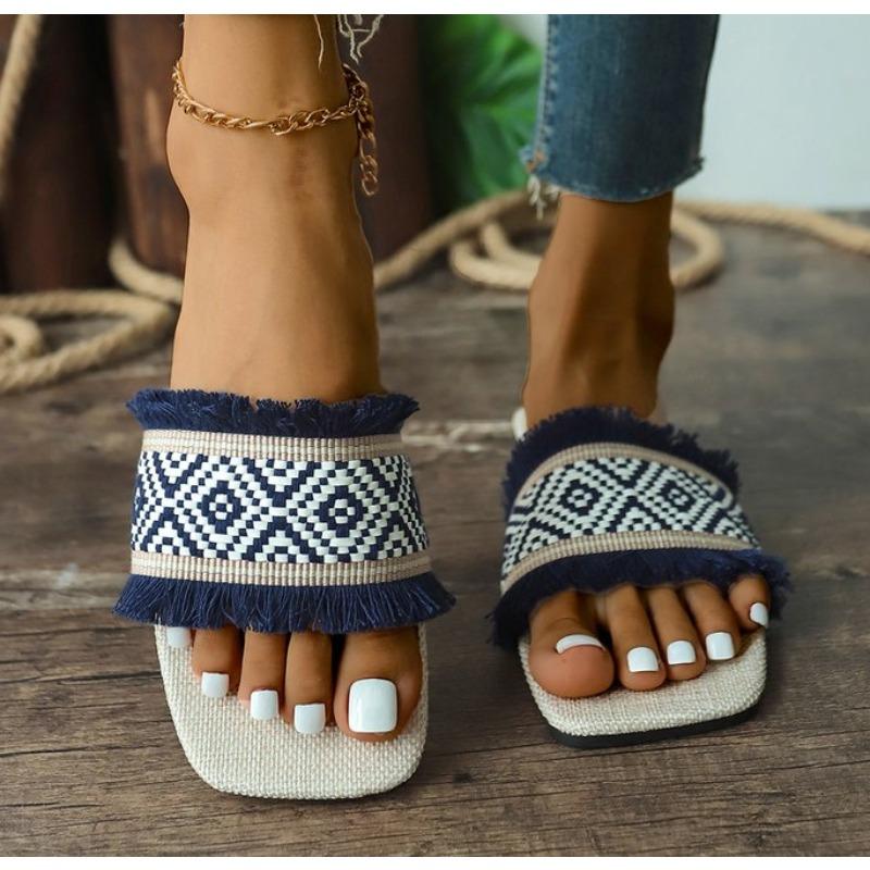 Fashion New Women Summer Straw Woven Casual Slippers Outdoor Espadrille Flip-flops Fashion Flat Ladies Sandals and Slippers Plus Size 43