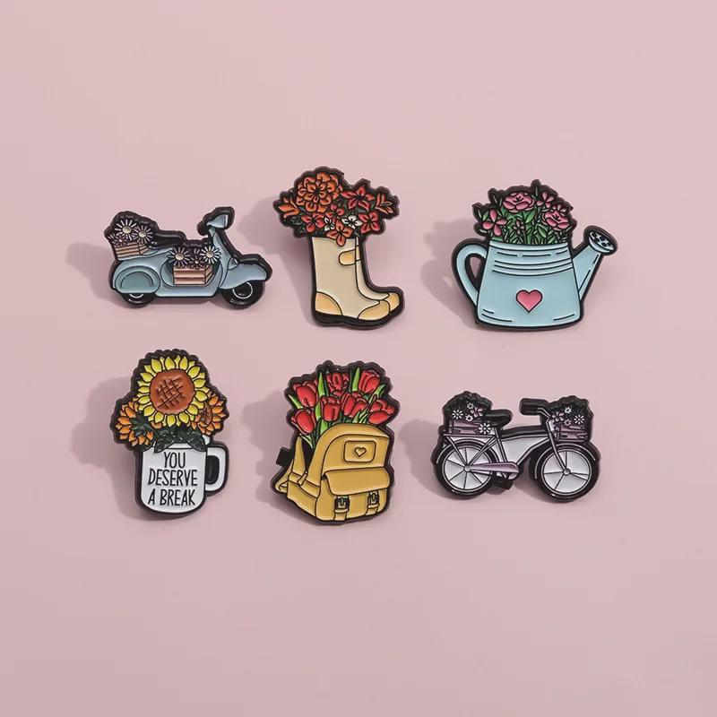 Cartoon Shoe and Flower Brooch - Bicycle Metal Badge, Clothing Accessories, Collar Pin, Painted Jewelry