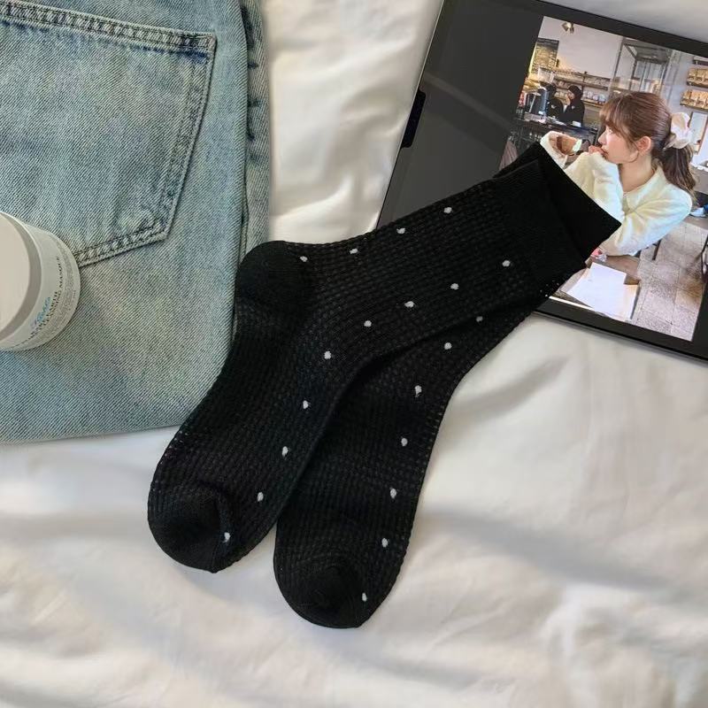 Women Spring and Summer Thin Polka Dot Mesh Tube Cotton Socks