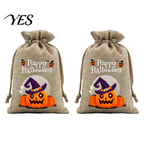 Trick or Treat Party Souvenirs 2Pcs Halloween Pumpkin Drawstring Bags for Candy Treats, Retro Burlap Cute Ghost Theme Pouches Bags, Portable