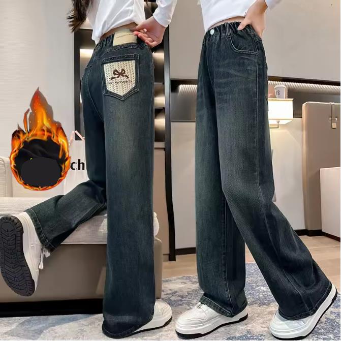 Girls' Denim Wide Leg Pants Children Insulated Jeans for Girls Baby Warm and Thick Denim Pants for Girls Winter Trousers for Kids Teenagers