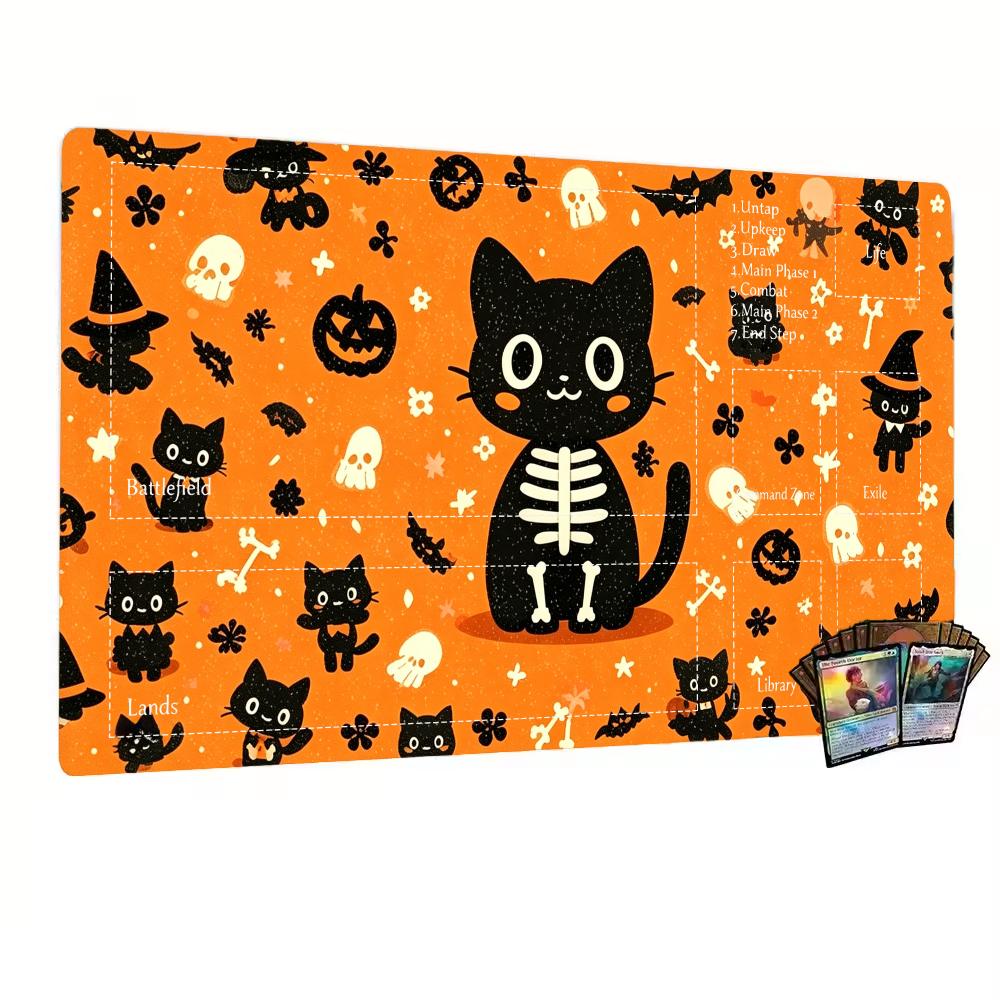 Halloween Skeleton Cat TCG Playmat Mouse Pad Playmat 24"X14" MTG TCG Office Desk Mat for Work Game PC Laptop Rug Carpet MousePad