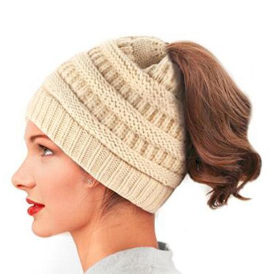 Women's Ponytail Hat Winter Warm Knitted Hat with Ponytail Tail Hole Soft Stretch Cable