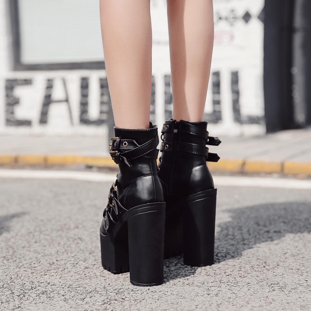 Gdgydh Women'S Goth Platform Boots Sexy Round Toe Block Heeled Shoes Buckle Strap Ankle Boots For Women Punk Style