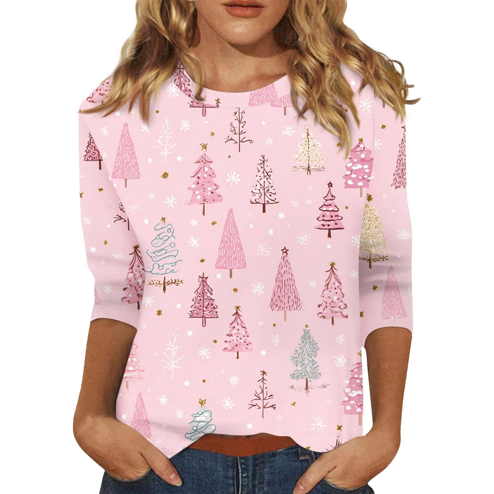 

Женский топ с круглым вырезом и рукавом 3/4 с рождественским принтом L горячий розовый