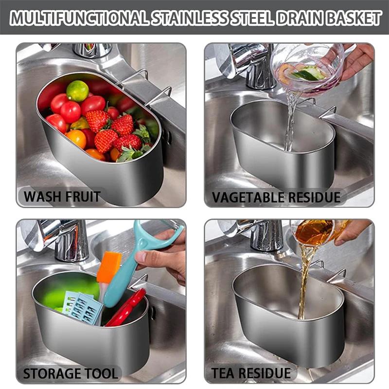 Acciaio Inossidabile 304 Forma Ovale Porta Scarico Cucina Filtro Frutta Verdura Scaffale Lavello Cesto Scolapasta Appeso Gadget