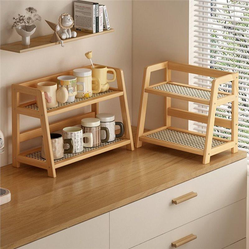 Desktop Rattan Wooden Storage Shelf For Kitchen Organizer Display Rack Spice Rack For Countertop Makeup Organizer