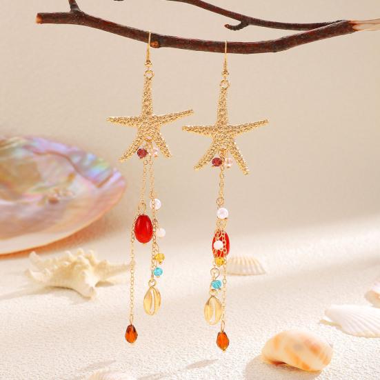 Bohemian Sea Star Shell Jewelry Set Beach-Inspired Necklace Earrings with Rhinestone Tassels Elegant Gift for Women Summer Beach Jewelry