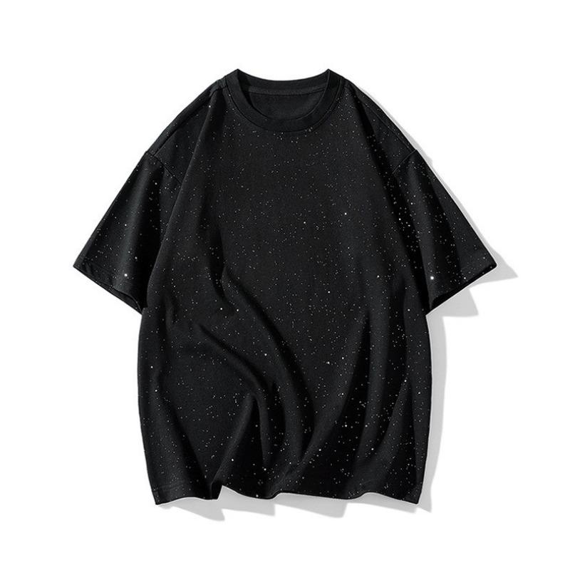 Gładki T-shirt z krótkim rękawem z czystej bawełny z okrągłym dekoltem, luźny, błyszczący, czarno-biały, cekinowy