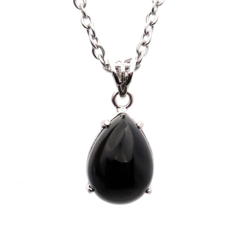 [GOLD STONE] Morion Necklace, Teardrop Drop, Natural Stone Pendant, Black Quartz, Genuine, Silver925 Surgical Stainless Steel Chain Included,
