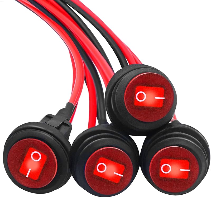 Mankk 4Pcs Round Rocker Switch 12V Waterproof Toggle Switch SPST 3 Pin ON/Off Blue LED Lighted with Pre-soldered Wires for Car Auto Boat Trucks