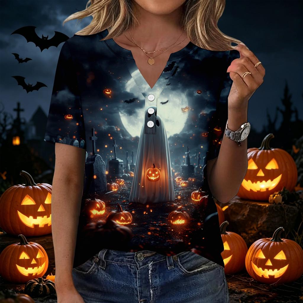 Women's Casual Halloween Print V Neck Short Sleeve Button Front T Shirt Top Lightweight Comfortable Fit for Everyday Wear
