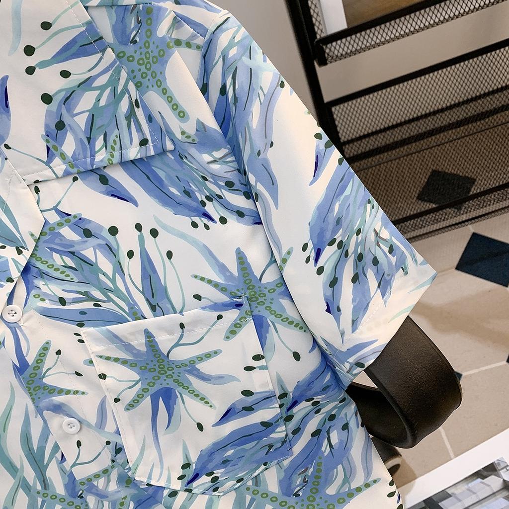 Strapping Rural Plant Floral Print Cuban Collar Short Sleeve Printed Shirt Men's Hawaiian Japanese-Style Retro Hong Kong Style Casual Top