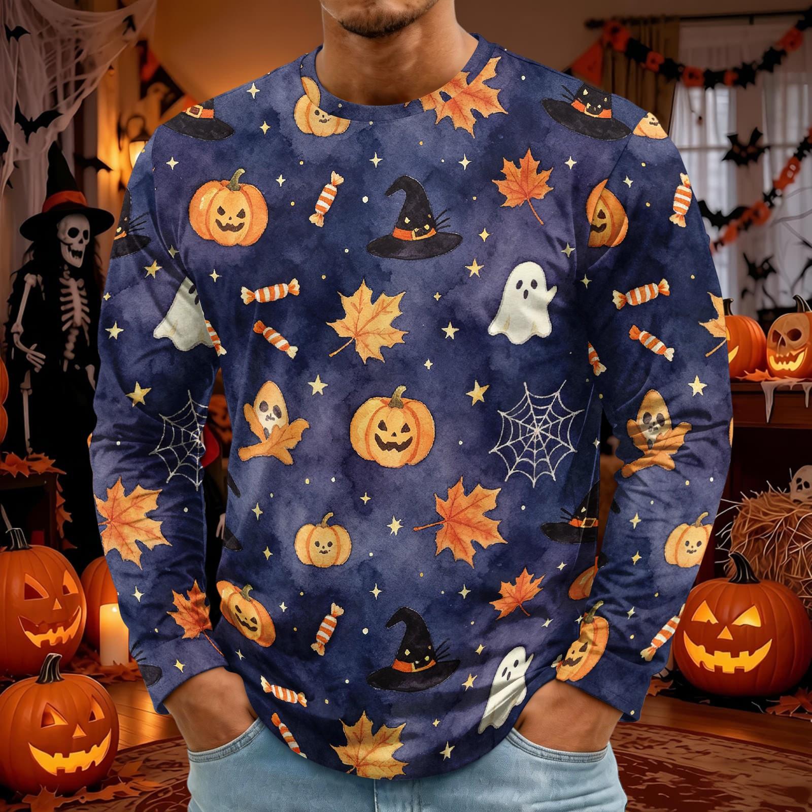 Men s Halloween Print Long Sleeve Neck T-Shirt for Party and Casual Wear XL