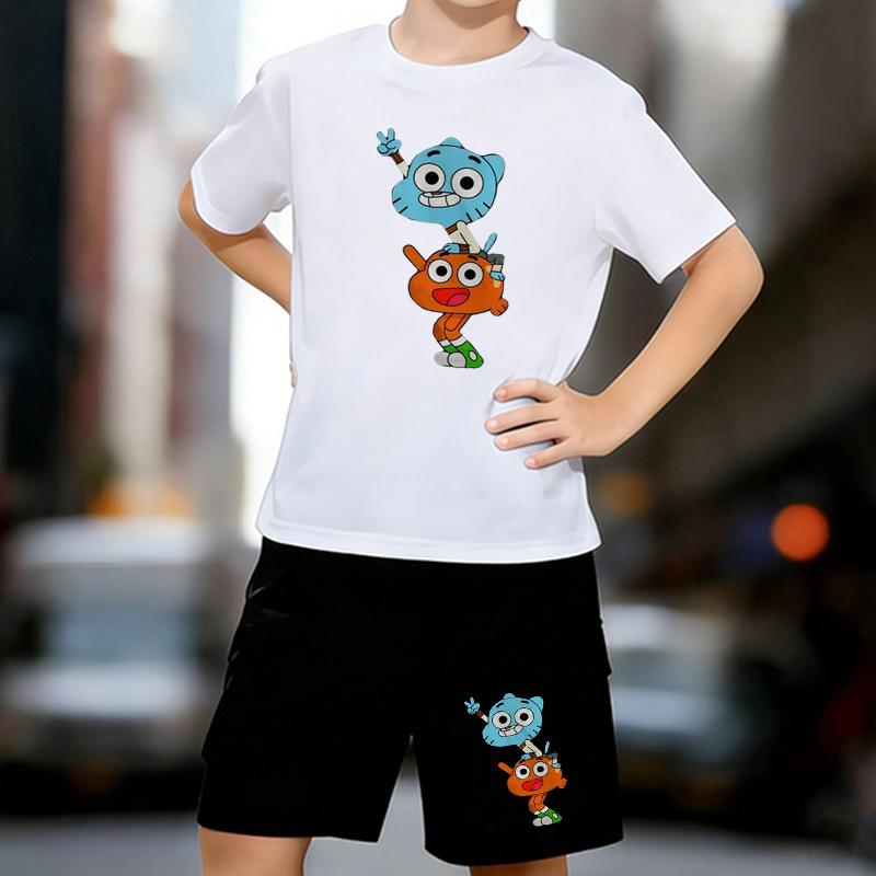 

Boys 2 Piece Cute Cartoon Printed outfit, Short Sleeve T-Shirt and Shorts Set for Kids Age 5-14,White, Black Sporty Casual Summer Clothes 13-14 Years