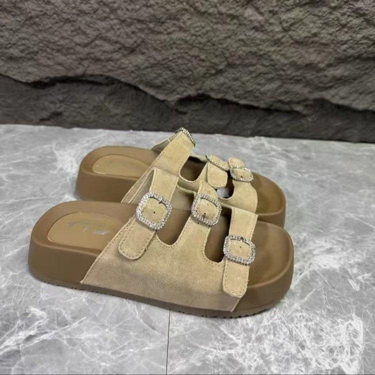 2025 Sommer neue Leder Dicksohlen Strassstein Casual Mattleder Pantoletten Ein-Wort Damenschuhe Vielseitige Mode Damenschuhe