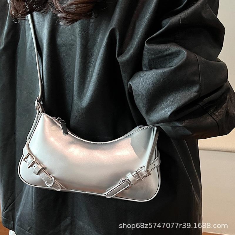 Premium sense baguette bag 2025 new product Internet celebrity live broadcast solid color belt zipper fashion shoulder underarm bag messenger bag