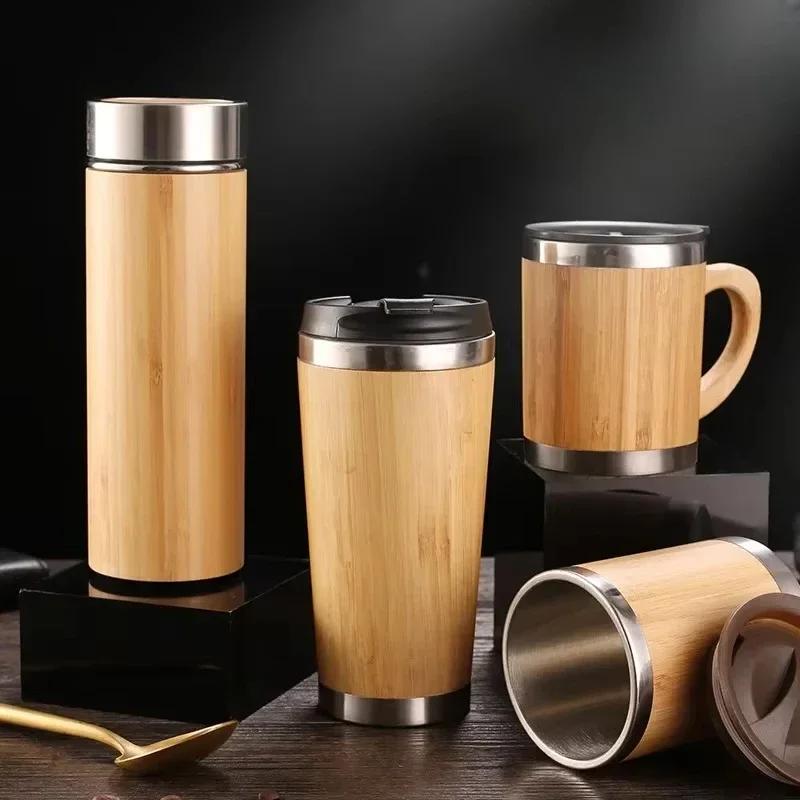 Insulated Bamboo Lid Travel Tumbler Double Wall Thermal Cup for Hot Cold Drinks Reusable Eco Friendly Beverage Container