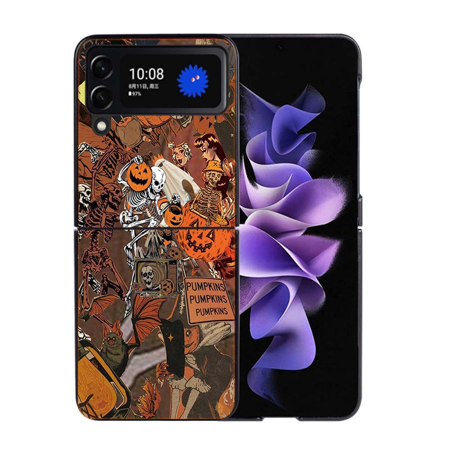 Halloween Herbst Kunst Hexe Katze Handyhülle Für Samsung Z Flip 7 6 5G Galaxy Z Flip4 Z Flip5 Z Flip3 Hülle Schwarze Harte PC Schale Prote