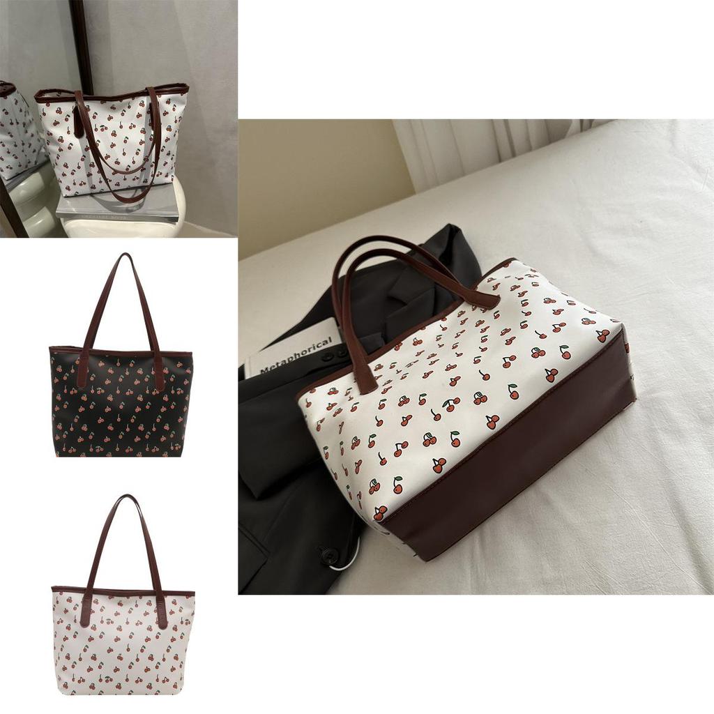 Fashion Large Capacity Pu Tote Bag For Women With Cherry Print Design Zipper Closure For Daily Use