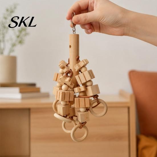 Bird Beak Trimmer Wood Blocks Parrot Toy, Chew Toy with Wooden Rings, Biting Hanging Cage Accessory for Parakeet Conure Cockatiel Non-toxic