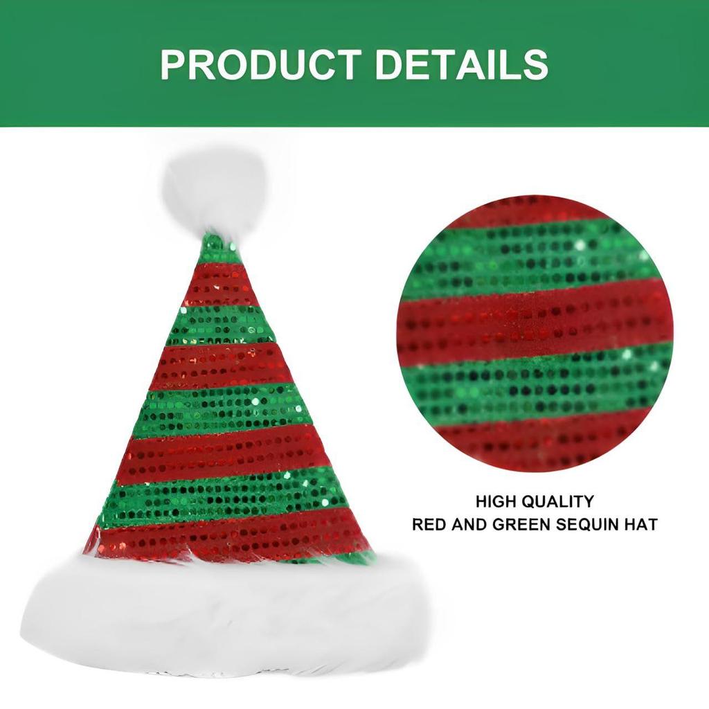 Red & Green Sequin Santa Hat With Plush Ball & Border for Christmas, X-mas Party, Adults - Santa Claus Cap