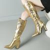 Gold Silver Women's Knee High Boots Winter Shoes New 2024 Trends Luxury Western Cowboys Long Boot Large Size Footwear Brand