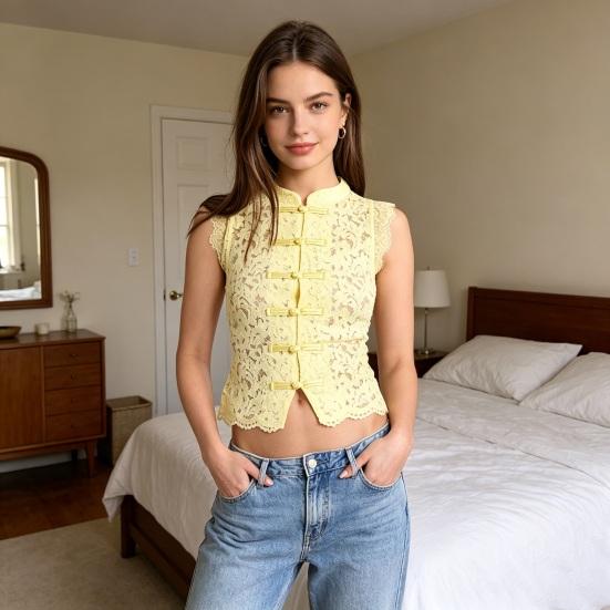 Women Tops Stand Collar Sleeveless Knot Button Short Tops Embroidery Lace Perspective Blouse Streetwear