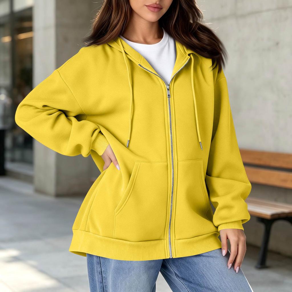 Kadın Astarlı Tam Fermuarlı Kapüşonlu Sweatshirt, Sonbahar Kış İçin Günlük Kapüşonlu Sweatshirt