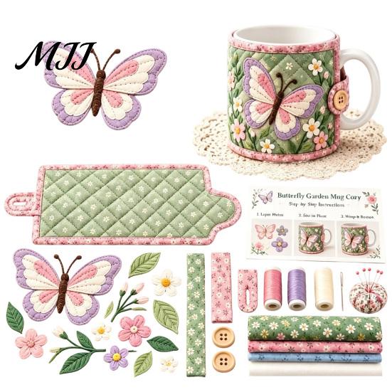 Creative Quilt Supplies for Teens Quilted Mug Cozy DIY Kit, Hummingbird Butterfly Flower Garden Sleeve Fabric Crafting Projects Sewing Craft