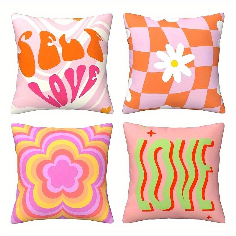 Retro Groovy Love Pillow Covers, 70S Wavy Checker Daisy Floral Art Throw Pillow Cases, Funky Hippie Home Decor Cushion Covers Peach skin 18*18(CM)-1Pcs