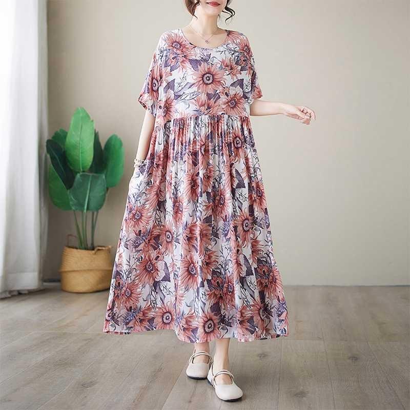 Einfache Mode Sommer Neu Vergrößerte Kurzarm Rundhals Bedruckte Kleider