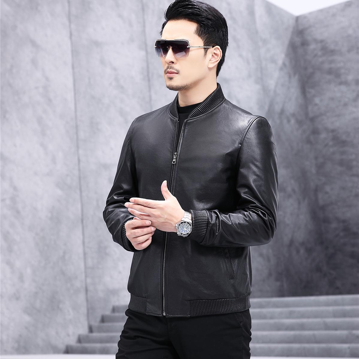 Кожаная куртка мужская короткая с круглым вырезом из овчины — фото 3