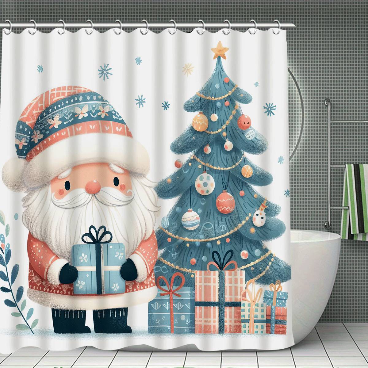 

Счастливого Рождества 4 шт. Зимнее украшение набор шторки для душа с 12 крючками, шторка для душа, нескользящий коврик для ванной, крышка для унитаза 90x180cm
