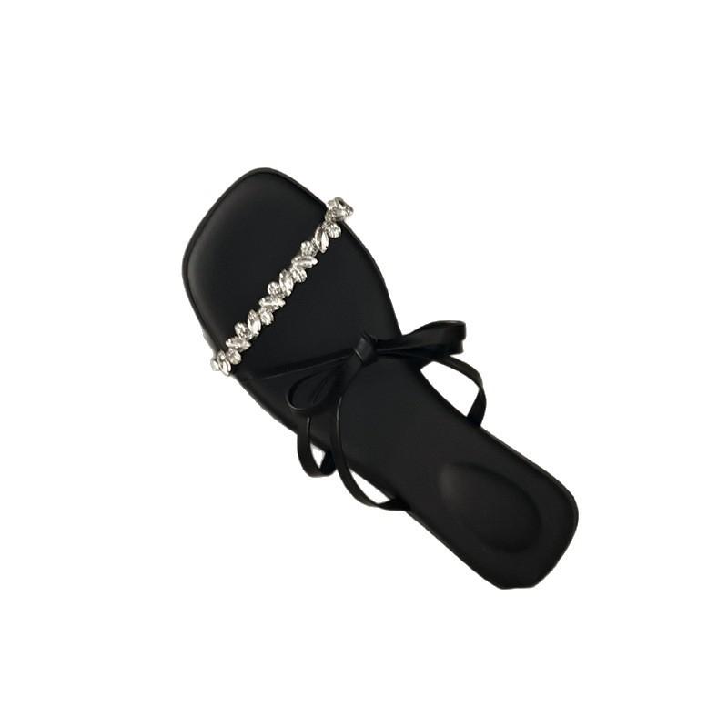 French rhinestone bow low heel cool slippers women's outerwear 2025 off the shelves new open-toe fashion solid color one-word