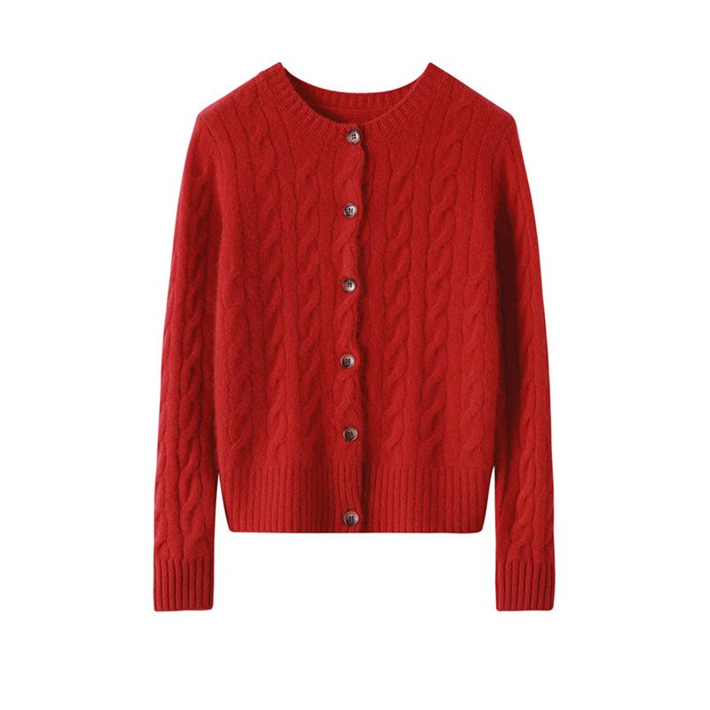 Damen Kaschmir Zopfmuster Cardigan - Rundhalsausschnitt, Langarm, Unifarben, Knopfleiste Pullovermantel für Herbst/Winter