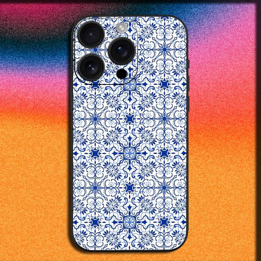 Blue and White Porcelain Phone Case For iPhone 16,15,14,13,12,11,Pro,XS,Max,XR,Plus,E,Mini Soft Black Cover