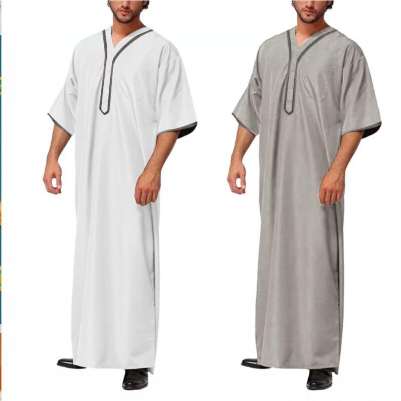 Men Muslim Islamic Kaftan Arab T Shirt Men Long Robevintage Middle Sleeve Robe Loose Dubai Saudi Long Top Ramadan Muslim Dress