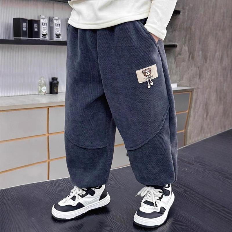 Boys' Winter Long Pants, Corduroy Style for Autumn and Winter, Warm and Fashionable Fleece-Lined Trousers with Cartoon Designs, for Outdoor, Thick