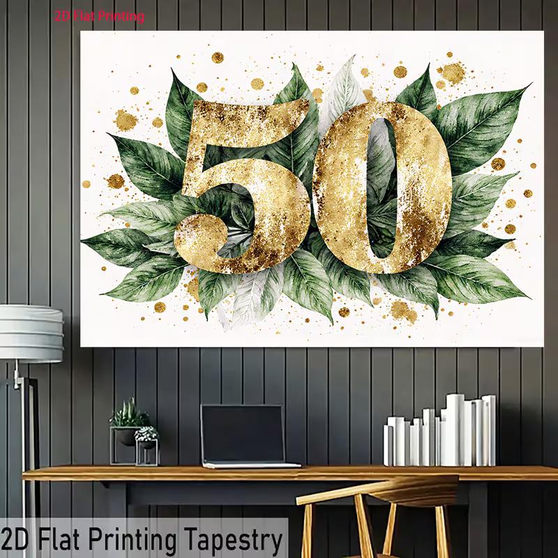 2D Gold Green Leaves 50th Birthday Photography Backdrop, Adult Birthday Decor