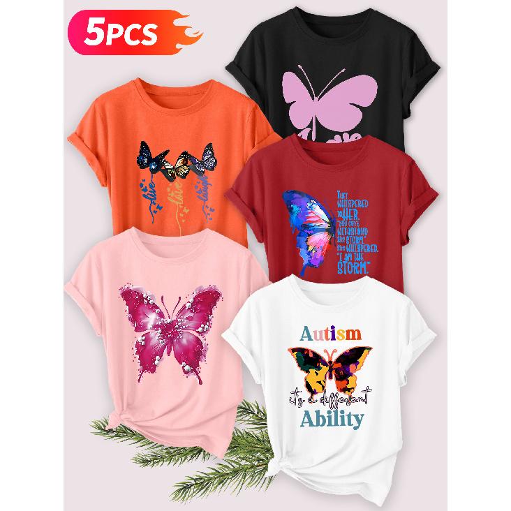 Five-piece set Elegant short-sleeved shirt for women Inspirational Butterfly Print Round Neck Women's Casual Sportswear T Shirt Suitable for spring