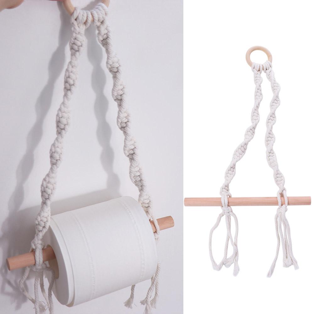 Nordic Style Bohemian Paper Towel Rack Cotton Thread Bohemia Toilet Tissue Holder Wall Hanging Wooden Hand-woven Paper Holder