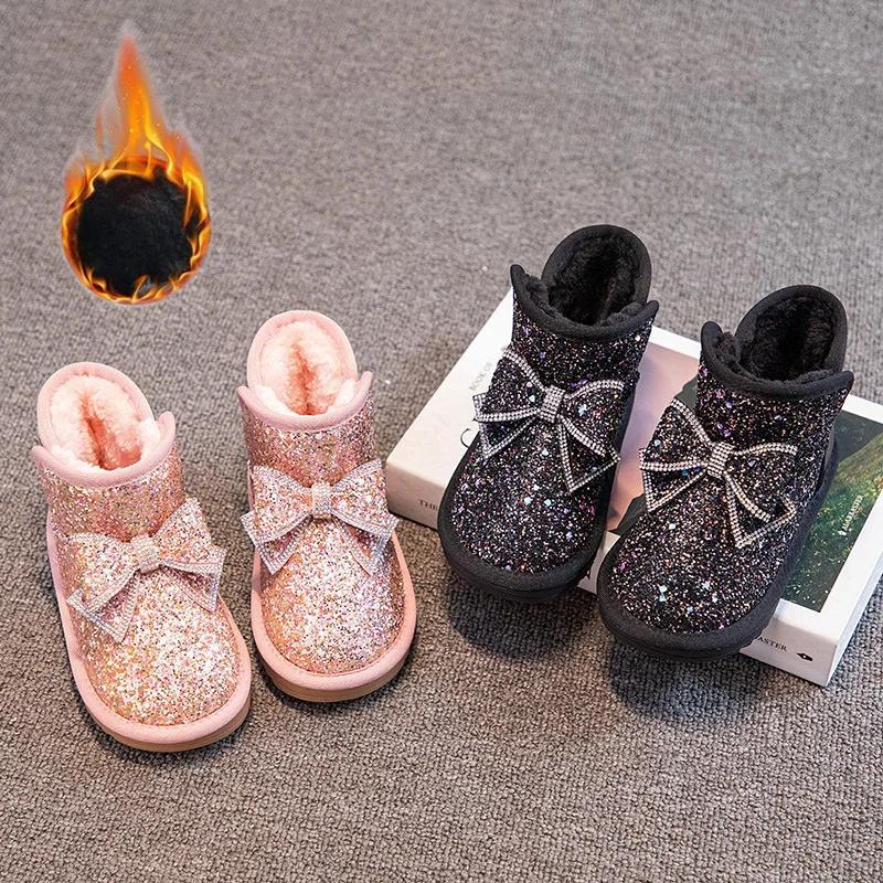 Children Princess Boots Girls Butterfly Knot Glitter Sequin Snow Warm Shoes Thickened Velvet Shoes Soft Bottom Non-slip Boots