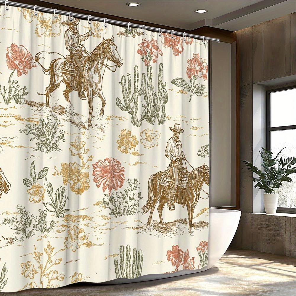 

Vintage Western Denim Shower Curtain Cactus Desert Floral Design With 12 Hooks Country Style Bathroom Decorative Shower Curtain W60H190(CM)-1 Pcs