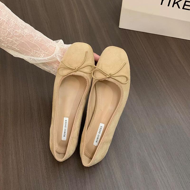 French inner heightening suede ballet single shoes women's shoes 2025 new spring and autumn bow red evening shoes