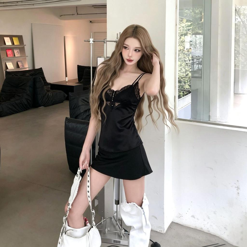 Sexy Spice Girl Style Black Lace Splicing V-Neck Suspender Vest Women's Summer Double Skinny Shoulder Strap Dropping Temperament Top